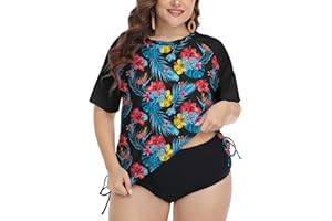 FOREYOND Plus Size Swim Tops Women Short Sleeve Rash Guard Shirts UPF 50+ Sun Protection Swimwear Swim Suits