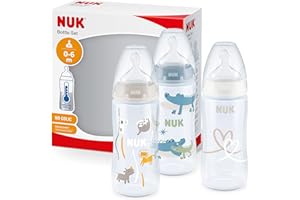 NUK First Choice + Butelka dla niemowląt | 0–6 miesięcy | Wskaźnik kontroli temperatury | Otwór antykolkowy Anti Colic | 300 ml | Produkt nie zawiera BPA | Smoczek silikonowy | krokodyl | 3 elem