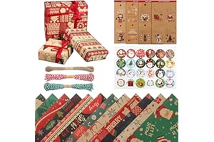 SURFLYEE 12 Fogli Carta da Regalo Natalizia, Carta Regalo Natalizia Kraft, 50x70CM Carta Pacchi Regalo Natale con 3x10M Spago, 16 Etichette e 24 Adesivi Natalizi, Perfetti per Confezionare i Regali di Natale