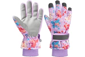 QKURT Guanto da neve per Bambini Guanto da Sci per Bambini Guanto Termico Antivento Invernale Guanto Sportivo Antiscivolo con Polsino lungo a coste lavorato a maglia, per Ragazze e Ragazzi di 2-9 anni