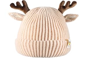 COMNICO Weihnachtsmütze Winter Mütze Rentier, Wintermütze für Kinder mit Ohren und Geweih, Weihnachtsmütze Strickmütze, Dicke Wintermütze Wärmende Mütze, Mädchen-Accessoires für Babys (Rot)