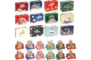 Shinybox Scatola di Latta Natalizia, 12 Pezzi Scatola Metallo Biscotti Rettangolari e 12 Biglietti di Natale, Confezione Regalo di Natale per Tè, Caramelle, Bomboniere e Regali