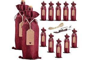 Penubuy 12 bolsas de vino de arpillera con cordón con etiqueta y cordel (rojo burdeos)