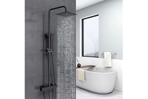 Biubiubath columna de ducha termostática con mezclador termostático, ducha de mano tres funciones, negro, columna de ducha regulable en altura 735-1170 mm (cuadrado 2)