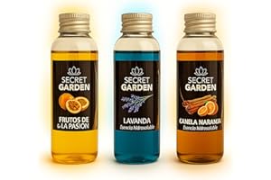 SECRET GARDENS Esencias Hidrosolubles | Aromaterapia para Humidificador y Difusor | Fragancias Frescas y Duraderas | Ideal para Hogar u Oficina (LAVANDA, CANELA NARANJA, FRUTOS DE LA PASION) - 75 ml por botella