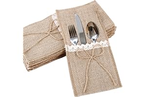 BETESSIN (11 * 23cm) 20 Pz Portaposate Iuta Borsa Posate Tasche Sacchetti con Fiocco per Coltello Forchetta Tovagliolo Decorazione Tavola Vintage per Matrimonio Nozze Compleanno Feste (Fiocchi Iuta)
