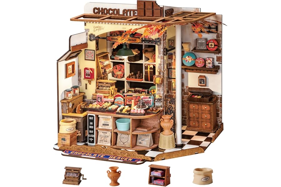 Rolife DIY Miniature House Kit Henry's Chocolate Shop, 330-Piece Model Kit Dolls House for Teens Adults No Glue Needed, 3D Puzzle Mini House Building Kit 8-Hour Assembly Book Nook Craft Kit