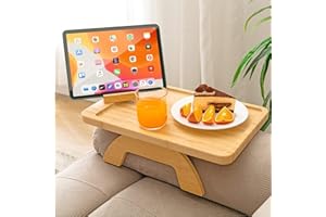 SITREMEN Bamboo Sofa Arm Tray Table with Rotating Mobile Holder, Stable Couch Armrest Tray, Clip-On Sofa Tray Table for Wide Couches, Foldable Couch Arm Clip Table for Eating and Drinking (Rectangle Bamboo)