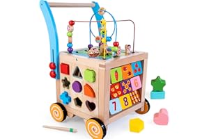 WOODMAM Wooden Baby Walker Activity Center Cube Sit-to-Stand Learning Farmyard Push & Pull Educational Toys Set Birthday Xmas Gift for Baby Toddler Boys Girls Age 12+ Months