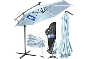 KESSER® Alu Ampelschirm LED Solar Inkl. Abdeckung Fernbedienung & Kurbelvorrichtung Kurbelschirm mit Ständer 360° Funktion UV-Schutz Aluminium Wasserabweisend (Hellblau, 350cm)