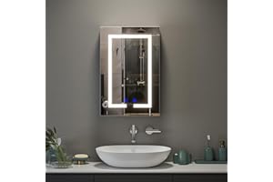 BELIWIN Bathroom Wall-Mounted Mirror Cabinet with Led Lights and Shaver Socket, Upgraded Illuminated LED Bathroom Cabinets with Mirror,Demister Pad, Dimmable, 3 Colour Light, 400mm×600mm