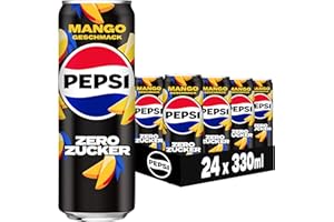 ‎PEPSI Pepsi Zero Zucker Mango, Das zuckerfreie Erfrischungsgetränk von Pepsi ohne Kalorien, Koffeinhaltige Cola mit Mango Geschmack in der Dose, EINWEG (24 x 0.33 l) (Verpackungsdesign kann abweichen)