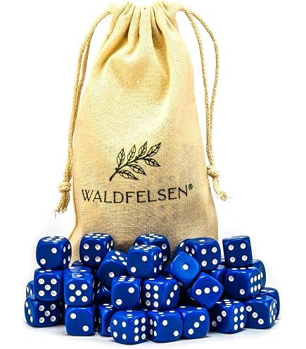 Waldfelsen® Lot de 6, 12, 20, 30 ou 50 dés de qualité supérieure de Waldfelsen® - Taille Standard - 16 mm - en Acrylique - 6 Faces - avec Sac en Tissu (Blanc, 6 pièces