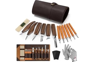 7CDXD 17 Pezzi Kit di Coltelli per Intaglio del Legno, Strumenti per Intaglio del Legno, con custodia, Sicurezza Guanti, Pietra Lucidante, Affilatura, Strumenti per Intaglio Legno per DIY Principianti