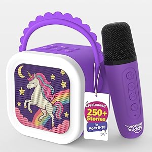 WonderBuddy StoryBox Mini, 250  Stories Preloaded, Karaoke Mic for Singing, RGB Lights, Kids BT Speaker, Musical Toy, Storytelling Toys, Birthday Gift for 6-10 yr Girls - Unicorn with Mic