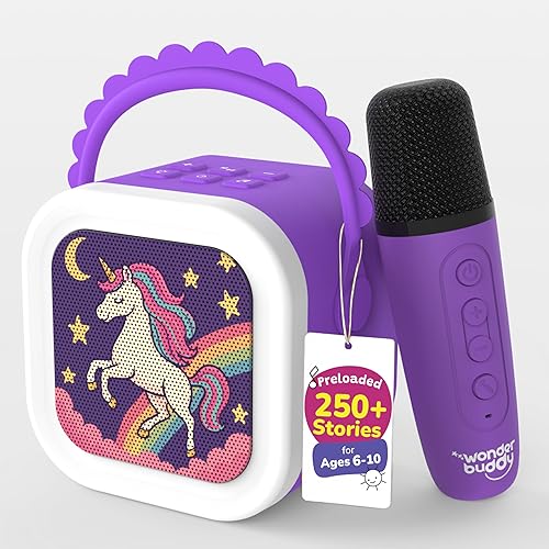 WonderBuddy StoryBox Mini, 250  Stories Preloaded, Karaoke Mic for Singing, RGB Lights, Kids BT Speaker, Musical Toy, Storytelling Toys, Birthday Gift for 6-10 yr Girls - Unicorn with Mic