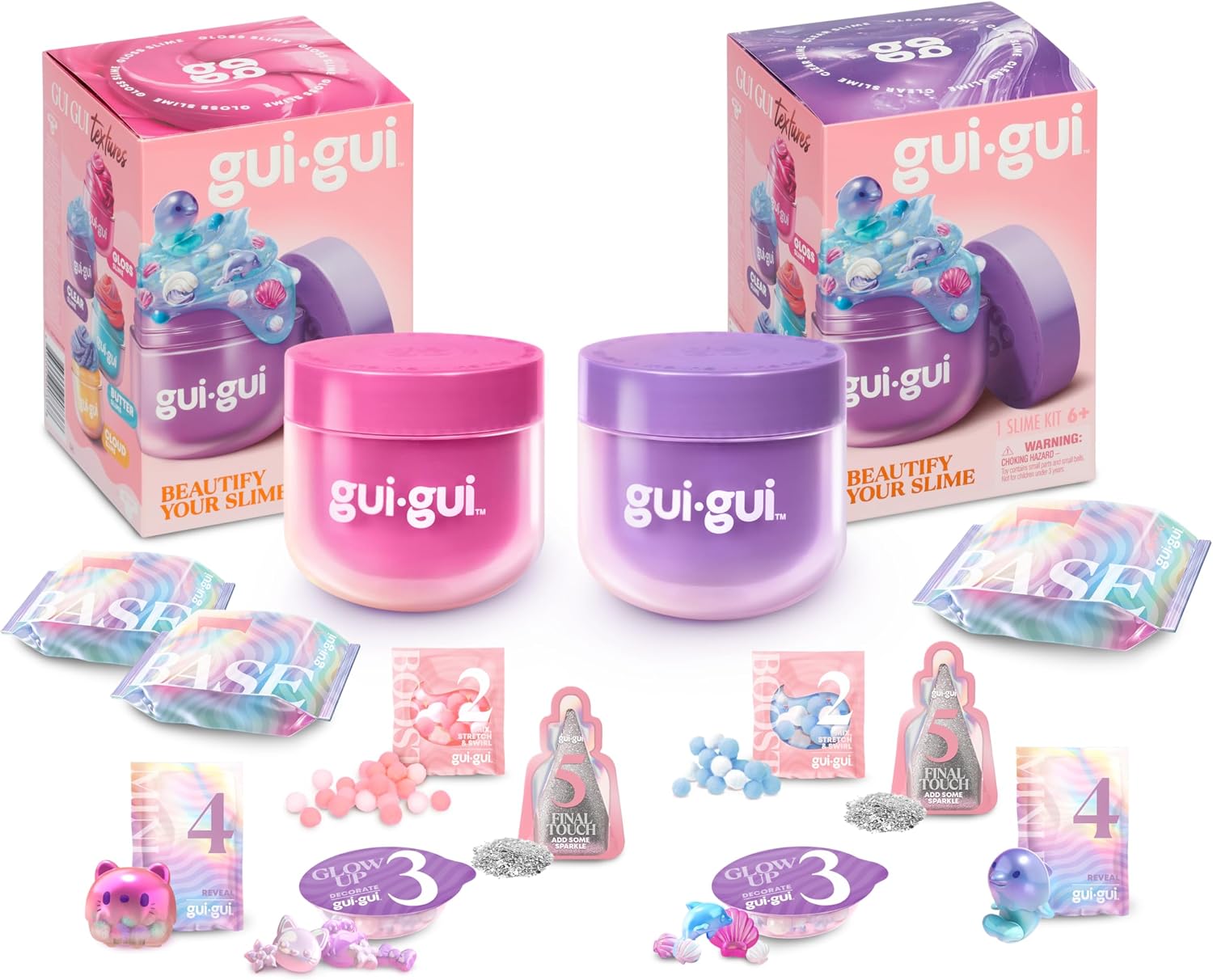 Pack Doble Exclusivo de GUI GUI; el Slime más Bonito jamás Visto, Creado por ti; añade Adornos y Brillo; Hay 2 slimes con Aromas Diferentes y 2 increíbles Texturas (Clear y Gloss)
