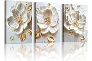 WENGTIAO 3 Pièces Fleurs Pivoines Blanc Or Tableau Decoration Murale Encadré Toile Peinture Minimaliste Abstraite Fleurs Decoration Murale Salon Maison Deco Chambre Prête à Accrocher 30x40cmx3
