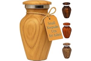 KC KATIE COLLECTION BY URNSELLER URNSELLER Mała urna na prochy ludzkie, ozdobny pojemnik, wykonana ręcznie pamiątka z drewna dębowego, odlewana z recyklingowanego aluminium, z bezpieczną pokrywką, woreczkiem z aksamitu i lejkiem