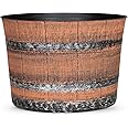 SG Traders Round Plastic Whisky Barrel Garden Pot Flower Pots Planter Tub Patio Pot Outdoor Traditional Barrel Brown with Silver Bands Garden Plant Pot Outdoors with Drainage Holes (Pack of 1)