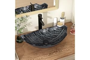 YU YUSING Lavabo Sobre Encimera con Grifo, Lavabo Baño de Cristal 56x34x17 cm, Lavabos de Lujo para Baño, Cocina, Aseo de Invitados, Tocador, Moderno Gris Plata, Forma de Hoja