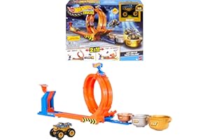 Hot Wheels Monster Trucks-leksakstruck- och banset, Loop-And-Flip Trophy Challenge-lekset och formgjuten Bigfoot i skala 1:64 för 50-årsjubileet, 2 sätt att leka, JBX64