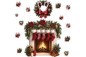 CHDITB Large Fireplace Wall Decals,3D Merry Christmas Wall Sticker,Cartoon Santa Claus Wall Hanging Stickers,Xmas Tree Window Clings Christmas Eve Home Decorations for Living Room