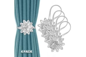 IAGORYUE Curtain Tie Backs 4 Pieces, Crystal Magnetic Curtain Tieback with Spring Rope, Curtain Tie Back Hook for Home and Office Decoration, Strong and Durable, No - Installation (Silver + 4 Pack)