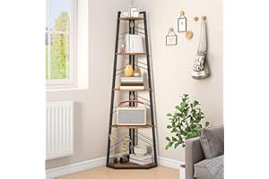DWVO Eckregal 5 Ebenen, Eckbuchhandel mit Metallrahmen, Industrial Ladder -Bücherregal, Bodenständiges Displayregal, Hoher Speicherregal, für Wohnzimmer, Küche, Schlafzimmer, Vintagebraun Standregal
