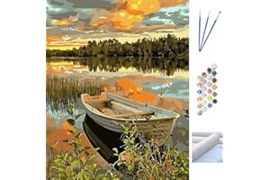 METUU Peinture par numéros Kit de peinture acrylique à faire soi-même pour adultes et enfants, Pigments colorés Peinture sur toile par numéro Décoration de maison-Lac et bateau 16" x 20" (sans cadre)