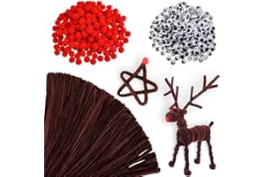 FOX·BUNNY 940 Stück Pfeifenreiniger Braun zum Basteln, 200 Stück Pfeifenputzer Chenille Draht, 350 Stück Rote Pom Poms, 350 Stück Wackelaugen Selbstklebend für Deko und Weihnachten Rentieren Bastelzubehör