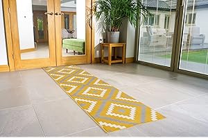 Bravich Modern Geometric Tiles Checkered Pattern Very Long Hallway Hall Runner Narrow Rugs Custom Length Ochre Mustard Stair Carpet Mats 60x180CM (2'X6')