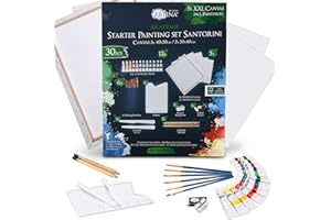 Artina Juego de pintura acrílica y lienzos de 30 piezas Santorini - Set de pintura con accesorios 12x12ml tubos de pintura acrílica, 5x lienzos, pincel, cuchillo de pintar y kit de dibujo