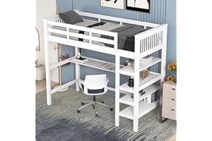 Azkoeesy Cama alta de 90 x 200 cm con escritorio, protección contra caídas, 4 estantes, escalera, somier, marco de madera de pino, máx. 200 kg, color blanco