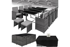 TecTake® Juego de Muebles de Jardín en Ratán, Conjunto Comedor para Jardín Exterior, 8 Sillas, 4 Taburetes, 1 Mesa, Set de Muebles de Mimbre para Terraza o Patio, con Cojines y Fundas- Gris Claro