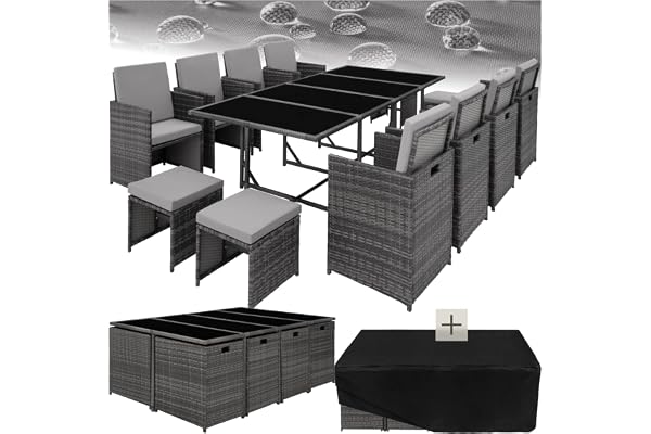 tectake Salon en Résine Tressée - Ensemble Repas Extérieur avec 8 Chaises Confortables et 4 Tabourets, 1 Table - Mobilier de Jardin pour Balcon ou Terrasse - Gris/Gris Clair