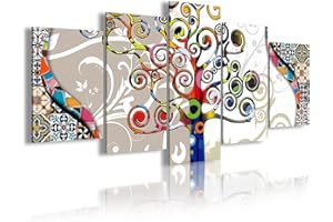 DekoArte 482 - Cuadros Modernos Impresión de Imagen Artística Digitalizada | Lienzo Decorativo Para Salón o Dormitorio | Estilo Abstractos Árbol de la Vida Gustav Klimt Gris | 5 Piezas 200x100cm XXL