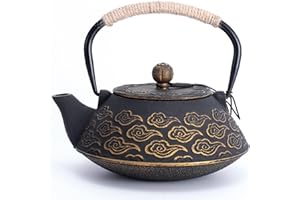 MILVBUSISS Théière en Fonte, Théière Japonaise avec Inspergraphe pour Feuille Libre, Bouilloire à Thé 800ml pour Cuisinière Enduite d’Intérieur émaillé, Motif Nuages, Noir