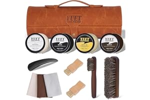 YUET Shoe Polish Kit Cleaning Shine Care Barrel Set For Brown Black Leather With Brush Travel Case Luxury Premium Soft Horsehair Bristle Dauber, Wooden Applicator, Shoehorn, Case 13Pcs