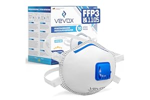 VEVOX® FFP3 Dust Mask - Set of 10 - Valved Face Masks - Respirator - Protection e.g. for Construction, Sanding, Spray Painting, Cleaning, Mould, Fine Dusts or Asbestos Particles