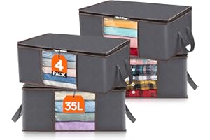 Lifewit Torba do Przechowywania Ubrań Składany Pojemnik do Przechowywania Szafa ze Wzmocnionym Uchwytem Wytrzymała Tkanina Przezroczyste Okienko na Swetry, Płaszcze, Opakowanie 4, 35L, Szary