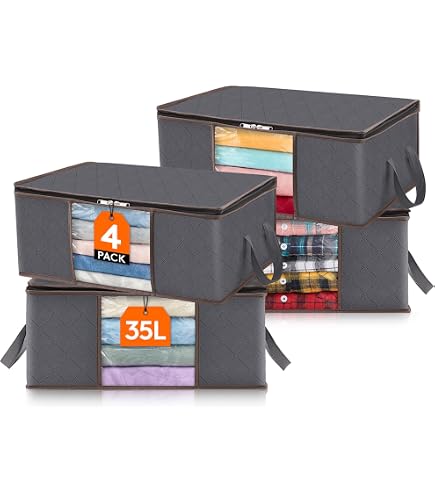 Lifewit Lot de 6 Sac de Rangement Vetement 35L, Boîte de Rangement Sous lit Pliable, Housse Rangement Couette Organisateur de Placard, Fenêtre Transparente en Tissu Solide pour les Vêtements, Gris