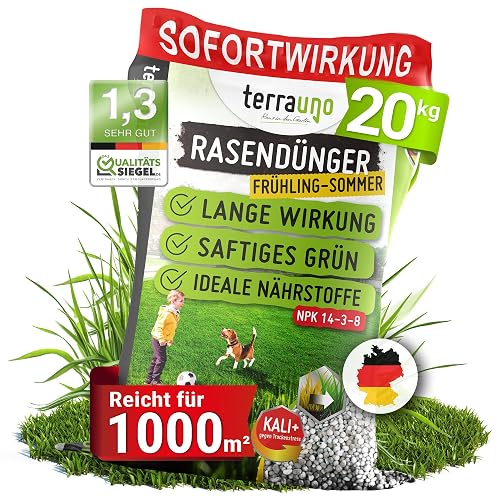 TerraUno Lawn Fertiliser Spring/Summer I Instant Effect for Juicy Green I 20 kg for 1000 m² I Healthy Lawn Displaces Moss and Weeds I NPK Fertiliser Lawn I Against Dry Stress I For the Spreader