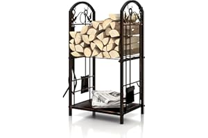 SCENDOR GARDEN SCENDOR Firewood Racks With Fireplace Tools 30 inch Retro copper maple leaf Wood Rack Rustproof Iron For Firewood Storage Holder Indoor Fireplace Bronze