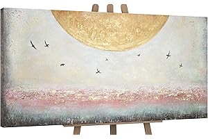 YS-Art Abstrakt Acryl Gemälde auf Leinwand Sonnenenergie handgemalt Wandbilder Wohnzimmer modern Wohndekor Bilder Büro Horizont Vögel echte Kunst 140x70 cm