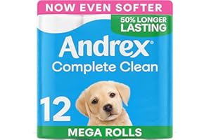 Andrex Complete Clean 12 Mega Toilet Rolls= 18 Standard Toilet Rolls, 50% Longer Lasting Paper with unique 3D Wave Texture for a Proven, Effective Clean, FSC Certified