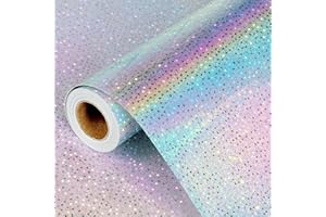 MAMUNU Silver Wrapping Paper Roll 43cm x 10m, Metallic Holographic Foil Star Gift Wrap for Women Men, Iridescent Shiny Glossy Silver Gift Wrapping Paper for Birthday Wedding Bridal Baby Shower Christmas