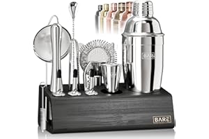 BARE BARREL Martini - Set shaker per cocktail con supporto, set da cocktail argentato, kit per barista mixology, kit per la preparazione di cocktail, accessori per cocktail per bevande a casa e bar, set da bar,