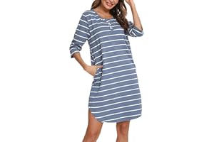 Vlazom Koszula nocna z rękawami 3/4, dekolt w serek, damska koszula nocna z dwoma guzikami, bawełna w paski, koszula do spania, damska bielizna nocna z kieszeniami, S-XXL