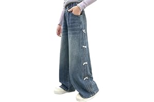 Rolanko Jean Baggy pour Filles, Taille Haute Élastique et Jambes Larges Pantalon en Denim de Bootcut Ample pour Enfants 6 à 15 Ans